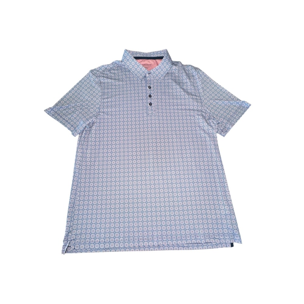 7 Diamonds Performance Polo Shirt Men Large Blue Pink‎ Geometric Print Golf Polo